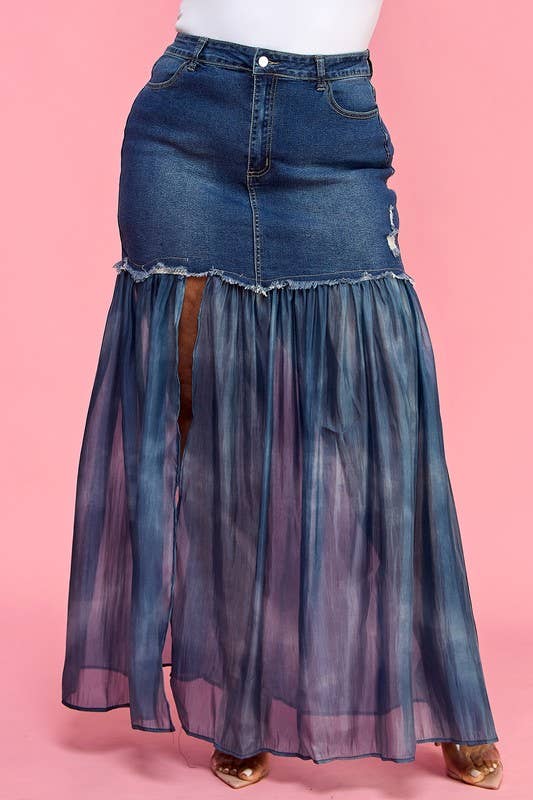 Plus Front Slit Mesh Pleated Patchwork Maxi Denim Skirt