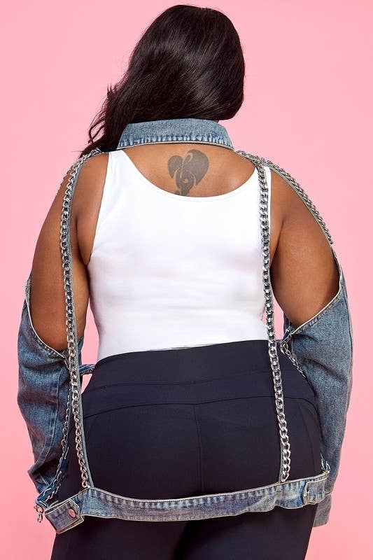 Plus Collared Denim Chain Jacket