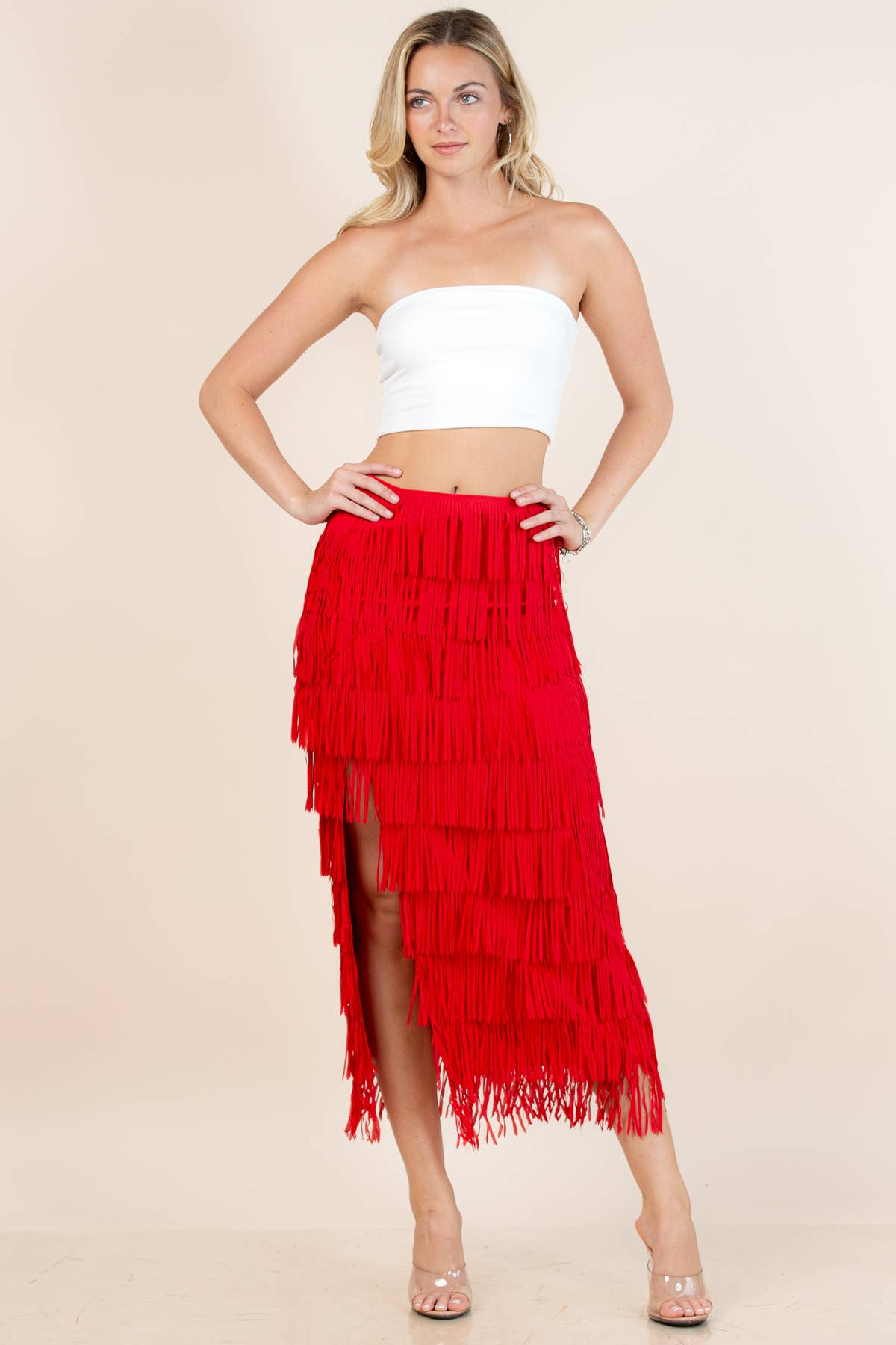 81125-Fringe Skirt-Western Fringed Piñata Midi Skirt