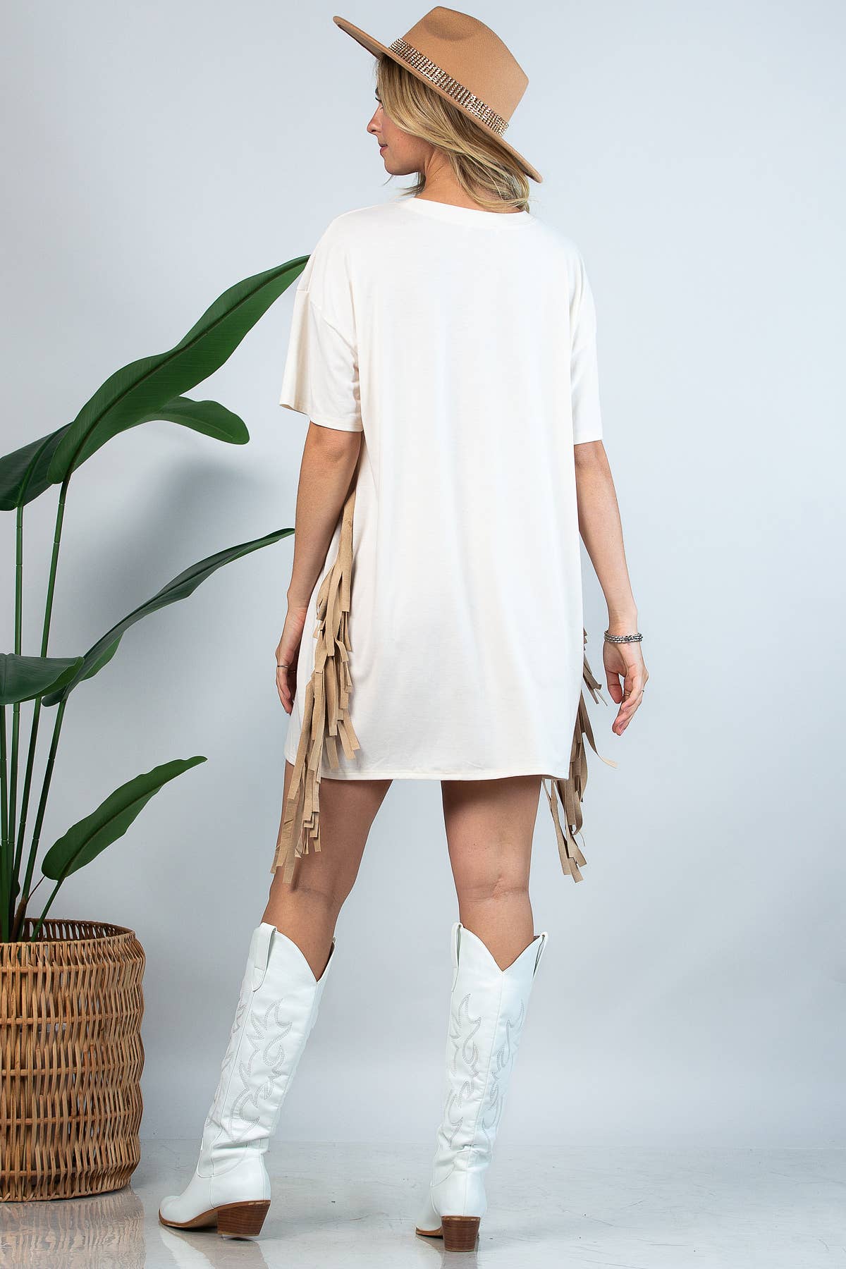 D1593-Western Boots Print Fringed Loose T Shirt Dress