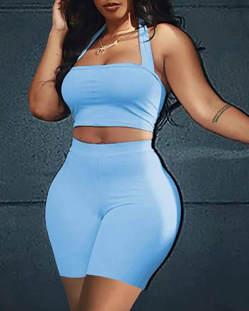 Halter backless crop top high waist shorts set