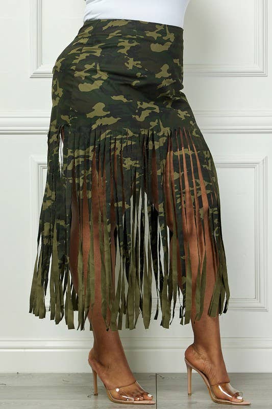 Regular Camo Fringe Hem Midi Skirt