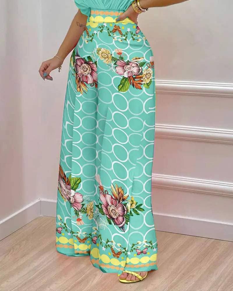Wrap top floral geo print wide leg pants set