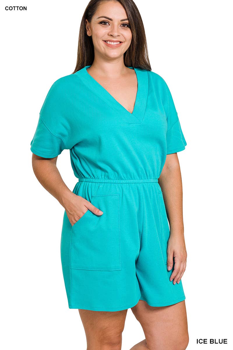 ..._ SI-22085 Plus Drop Shoulder V Neck Romper With Pockets