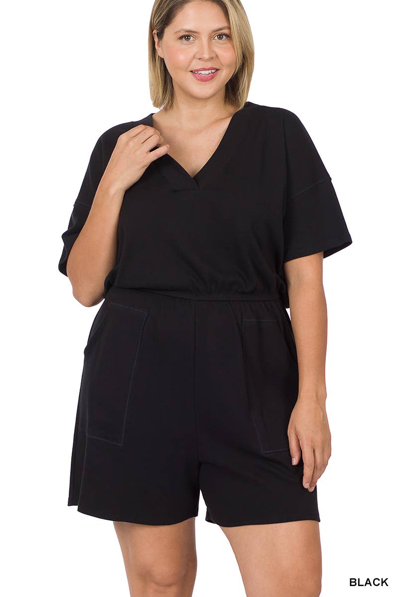 ..._ SI-22085 Plus Drop Shoulder V Neck Romper With Pockets