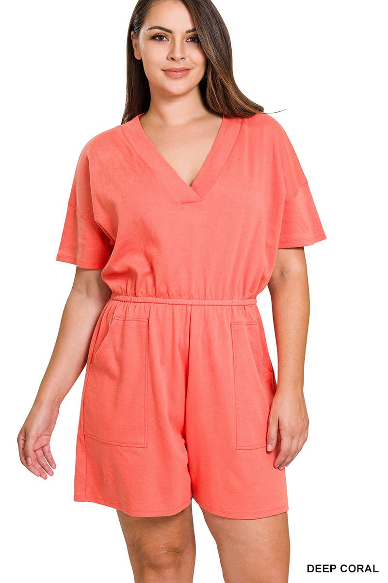 ..._ SI-22085 Plus Drop Shoulder V Neck Romper With Pockets