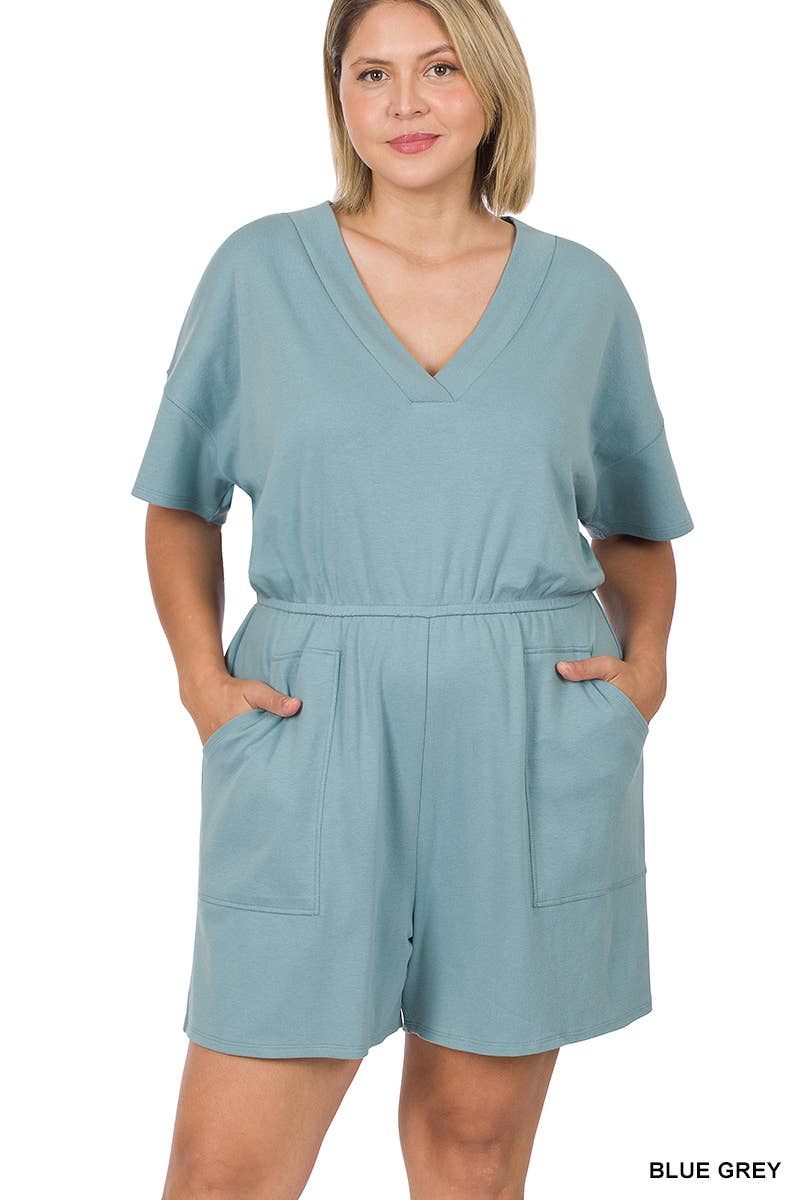 ..._ SI-22085 Plus Drop Shoulder V Neck Romper With Pockets
