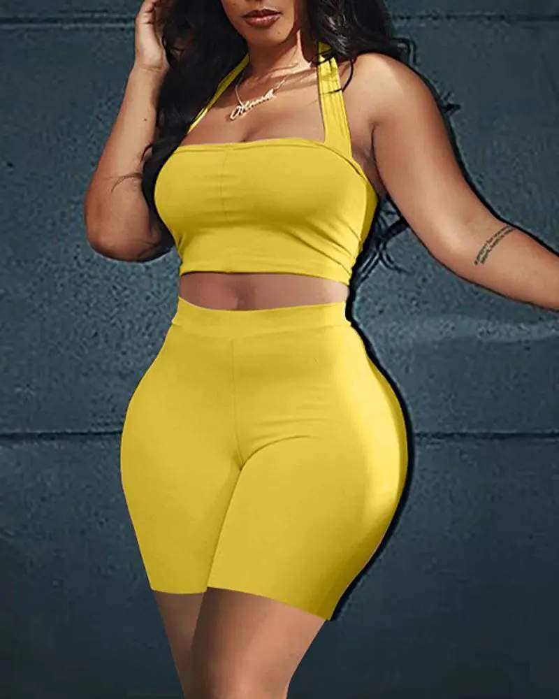 Halter backless crop top high waist shorts set