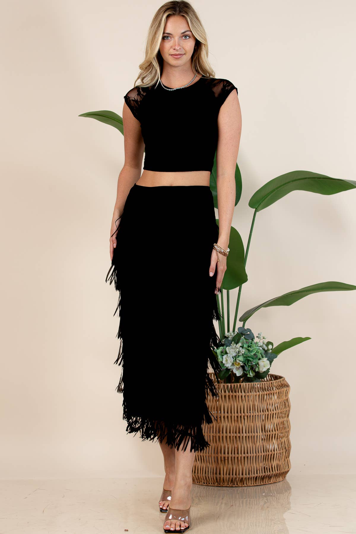 81125-Fringe Skirt-Western Fringed Piñata Midi Skirt