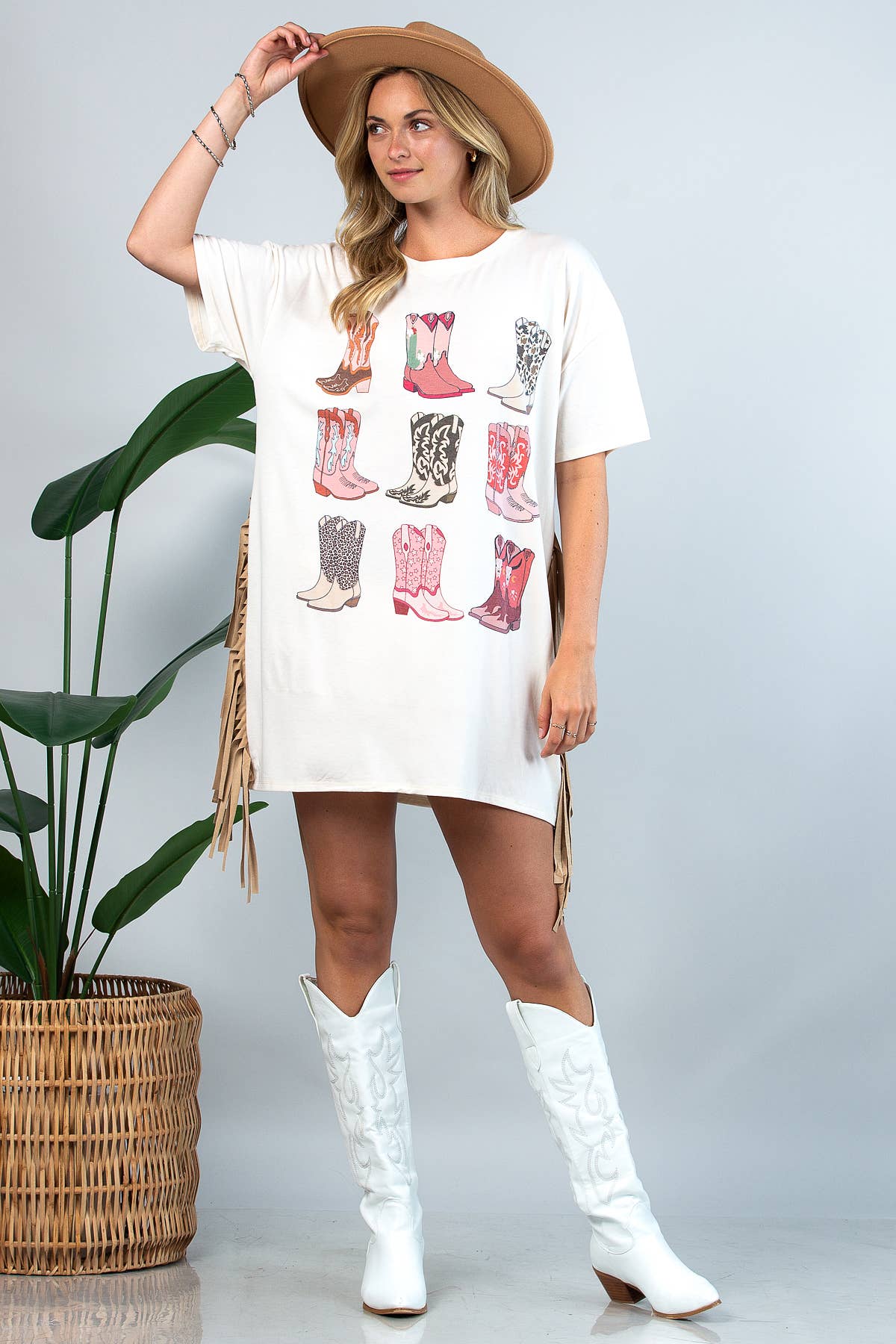 D1593-Western Boots Print Fringed Loose T Shirt Dress