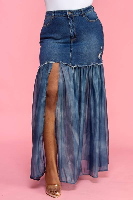 Plus Front Slit Mesh Pleated Patchwork Maxi Denim Skirt
