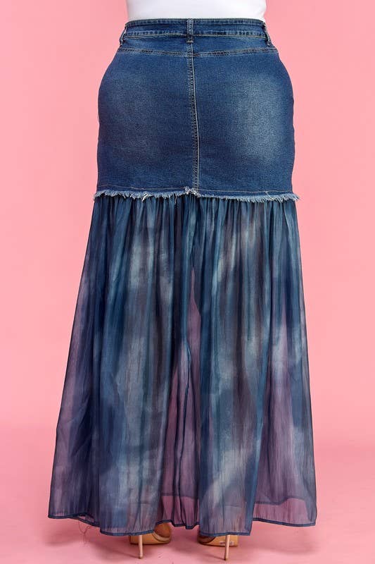 Plus Front Slit Mesh Pleated Patchwork Maxi Denim Skirt
