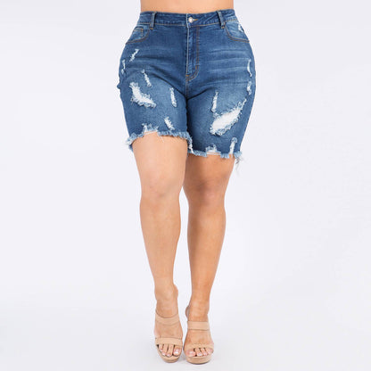 PLUS SIZE DISTRESSED DENIM SKINNY SHORTS-RSS20095P