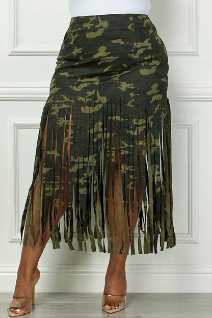 Regular Camo Fringe Hem Midi Skirt