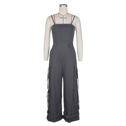 Stylish Bandeau Pocket Patchwork Wide-Leg Jumpsuit