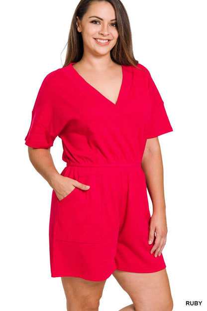 ..._ SI-22085 Plus Drop Shoulder V Neck Romper With Pockets