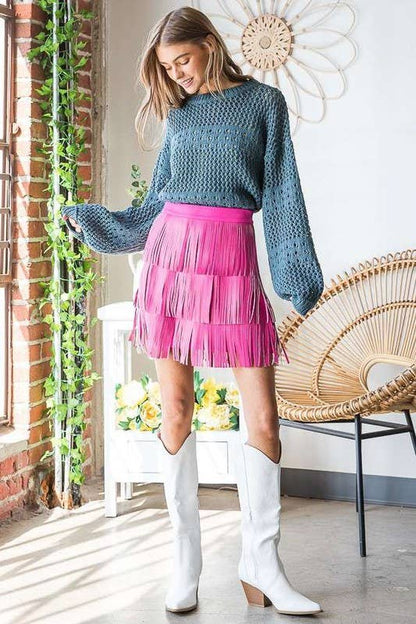 PLUS SIZE Western Faux Leather Fringe Mini Skirt