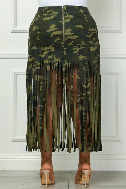 Plus Camo Fringe Hem Midi Skirt