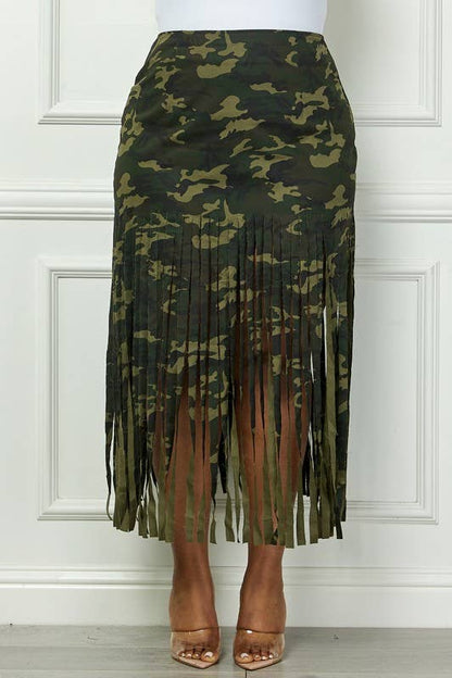 Regular Camo Fringe Hem Midi Skirt