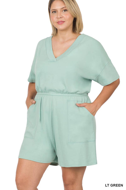 ..._ SI-22085 Plus Drop Shoulder V Neck Romper With Pockets
