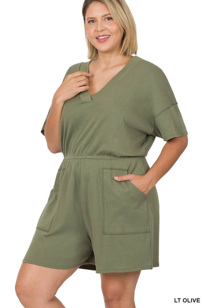 ..._ SI-22085 Plus Drop Shoulder V Neck Romper With Pockets