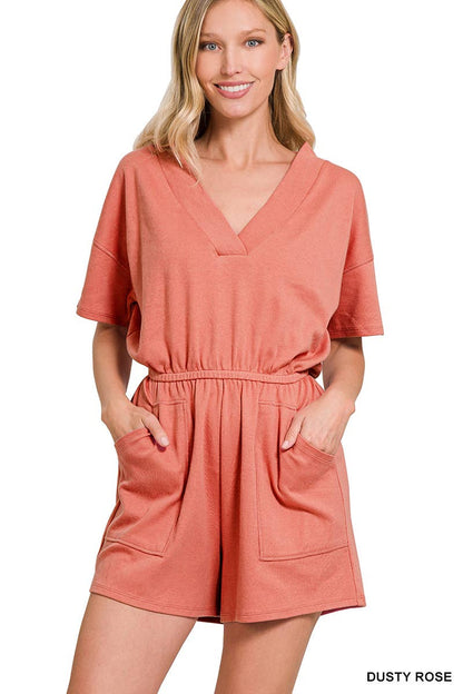 ..._ SI-22085 Plus Drop Shoulder V Neck Romper With Pockets