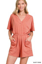 ..._ SI-22085 Plus Drop Shoulder V Neck Romper With Pockets