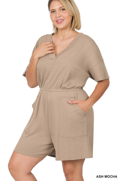 ..._ SI-22085 Plus Drop Shoulder V Neck Romper With Pockets