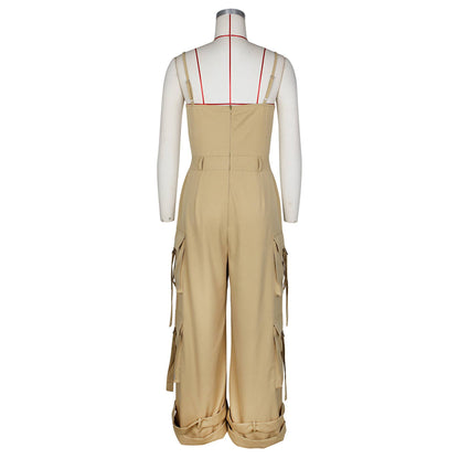 Stylish Bandeau Pocket Patchwork Wide-Leg Jumpsuit