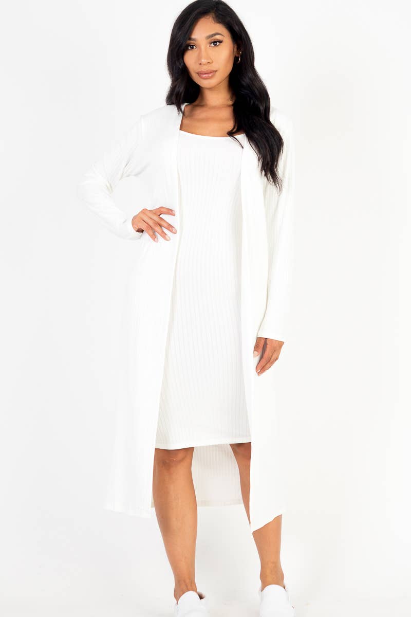 Ribbed Cardigan & Cami Midi Bodycon Dress