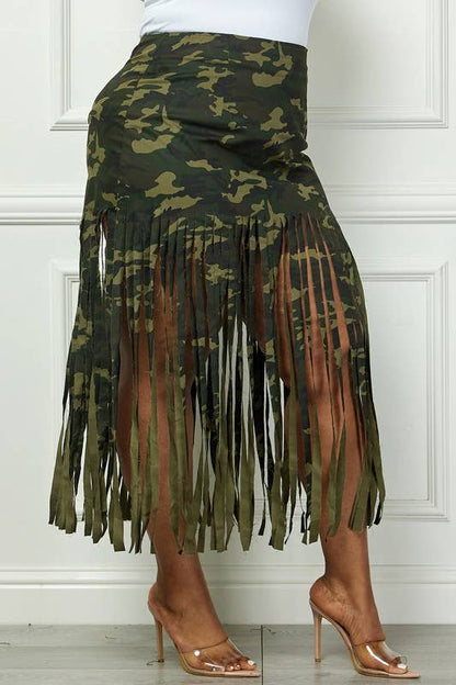 Plus Camo Fringe Hem Midi Skirt